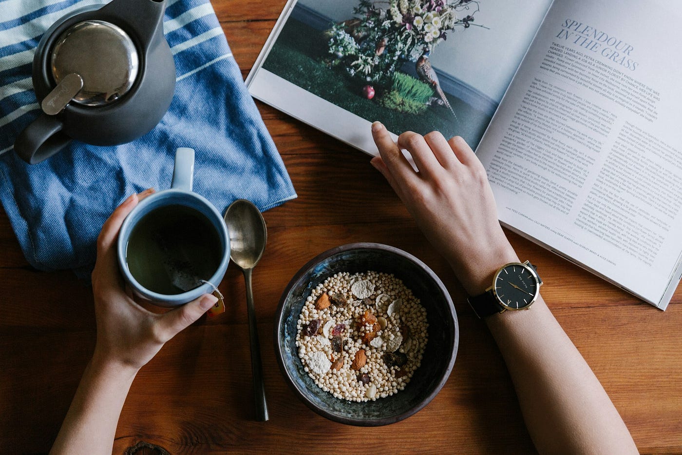 Morning routine with journal and tea for daily self-awareness practice